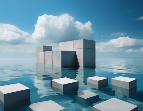 concrete blocks submerged in clear water under a blue sky with clouds conceptual architectural design minimalist aesthetic surreal scene