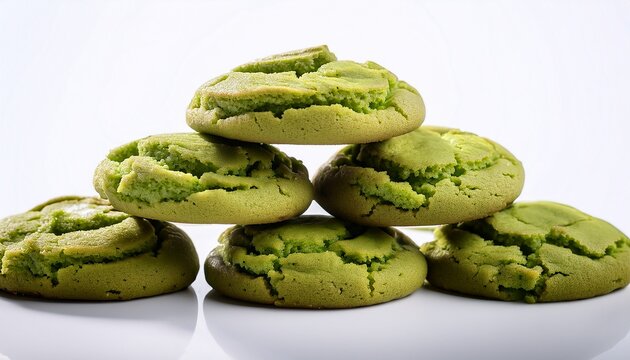 stack of matcha cookies on white background close up studio shot delicious green tea flavor dessert food photography