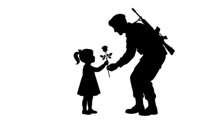 Silhouette of a soldier receiving a flower from a little girl