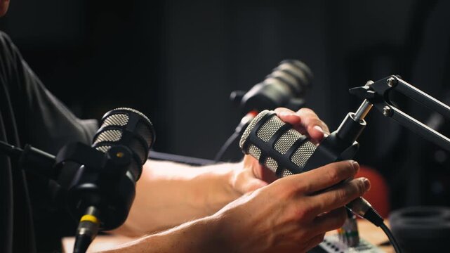 Podcast Live streaming, man radio presenter with microphone, talk show or entertainment. Content creator podcast host in studio for recording audio social media, live concert show. 