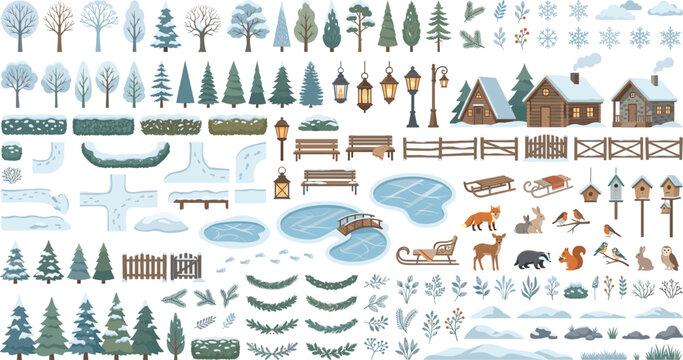 Winter Forest Landscape and Snowy Nature Elements Flat Vector Illustration Collection for Seasonal Design