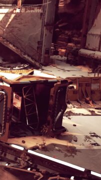 An abandoned factory shows damaged walls and scattered debris. Broken machinery lies on the ground. Overgrown plants appear among the ruins. The setting seems to be in a desolate area.