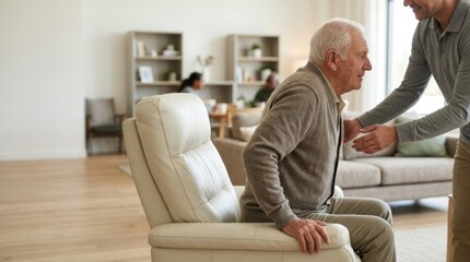 Fototapeta premium Caregiver helps senior man stand from recliner, domestic care scene with compassion and support