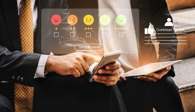 Two professionals actively discussing customer reviews, utilizing a smartphone with a rating system and feedback forms in a stylish office environment. Cyphers