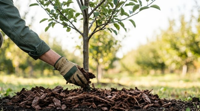 Gardener's gloved hand mulching around a young fruit tree for winter preparation in a sunlit orchard