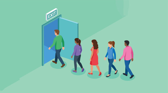 Isometric people walking through exit door, diverse group of characters leaving office building, emergency evacuation concept vector illustration