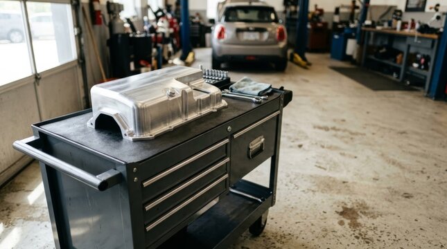 Polished aluminum engine oil pan on a mechanic's tool cart in a bright, clean garage setting, ready for automotive repair