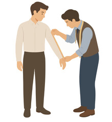 Fototapeta premium Tailor measuring customers sleeve with tape, professional bespoke fitting service vector illustration, hand-drawn flat design depicting two men in casual attire during garment measurement session