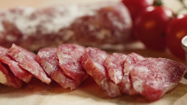 Mix of spanish pork sausages, Cutting board of appetizing catalonian snack - fuet, jamon, chorizo, olives, supermarket tapas food in spain, traditional cuisine. 