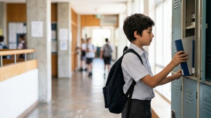 Fototapeta premium Schoolboy putting book in locker in bright hallway, education concept with copy space