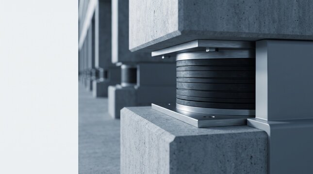 Close view of layered seismic bearing beneath an office foundation