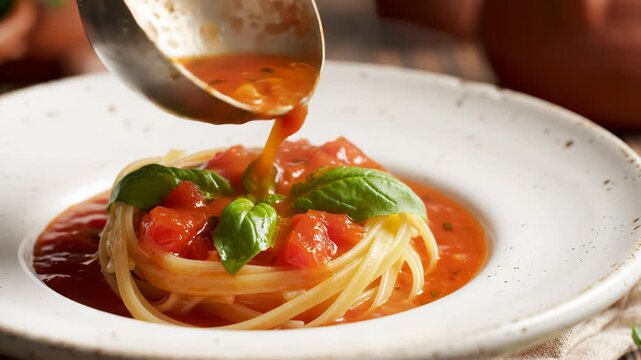 Pouring rich tomato sauce over freshly cooked spaghetti with basil leaves on a rustic ceramic plate