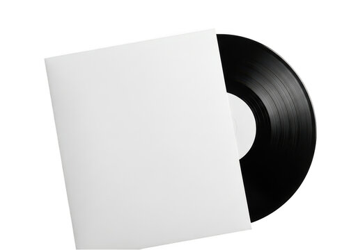 Black vinyl record in open white sleeve isolated on transparent background
