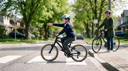 Fototapeta premium Young cyclist signals carefully at a suburban school crossing