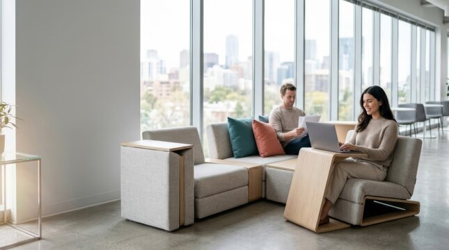 Modern office lounge with convertible podium seating and laptop stands, promoting flexible work and collaboration