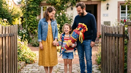 Fototapeta premium Family celebrates a childs first school day at home entrance