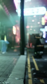 A busy city street after rain features neon lights and a person on a scooter. Trash litters the ground, and reflections shimmer on the wet pavement. The atmosphere is lively with blurred motion.