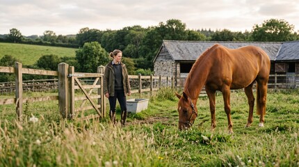 Naklejka premium Recovered sport horse grazes after supervised rehabilitation care