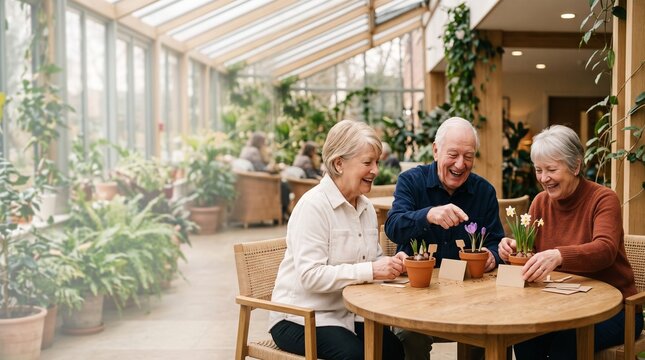 Residents plan spring planting in a communal conservatory