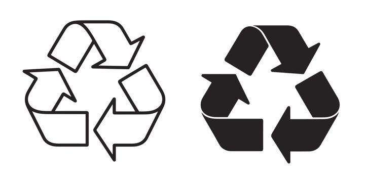 Two recycling symbols, one outlined and one solid black, isolated on a white background, representing sustainability and waste management concepts