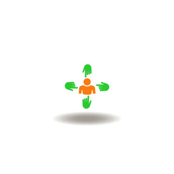 Vector illustration of person in center and fingers arround pointing him. Symbol of customer focus centric.