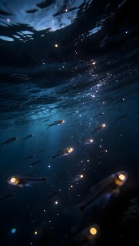 School of Glowing Bioluminescent Lanternfish Migration in Deep Ocean Midnight Zone Background