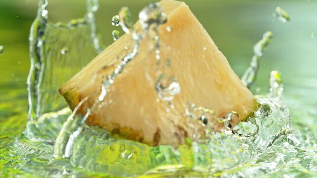 Super Slow Motion Shot of Fresh Pineapple Falling into Water and Making Splash at 1000fps.