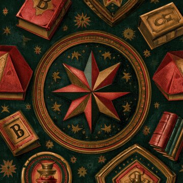 Pattern showcases bold shapes and school items in faded red, gold, and dark green colors, creating a vintage circus vibe without text or labels.