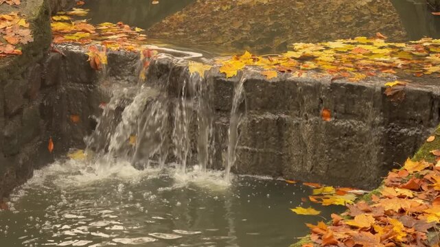 Fresh flowing water passing through an autumn landscape. Symbolic visual representing renewal, refreshment and positive transformation.