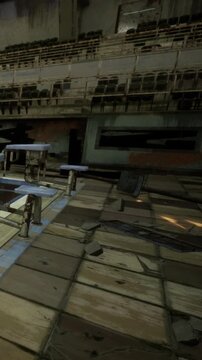 The image shows an empty classroom filled with broken furniture and scattered debris. The walls and surfaces appear worn and neglected, suggesting a long period of abandonment.
