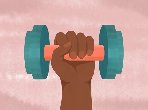 Abstract watercolor illustration of woman with dumbbell
