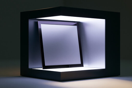 Illuminated square display frame with centered metallic panel and soft shadowing