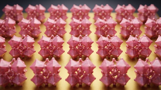 Gourmet Ruby Chocolate Geometric Candies Arranged in a Grid on Gold Solid Background
