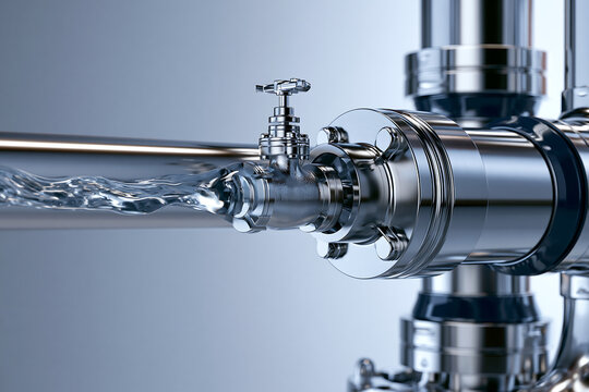 Industrial chrome pipe system with a flowing water valve and metallic flanges on grey