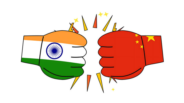 Two cartoon fists colliding with the national flags of india and china representing geopolitical tension, conflict, or competitive trade relations isolated on a transparent background