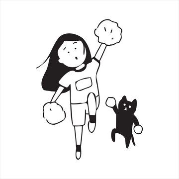 Funny Girl and Black Cat Cheerleading with Pom Poms Doodle Illustration