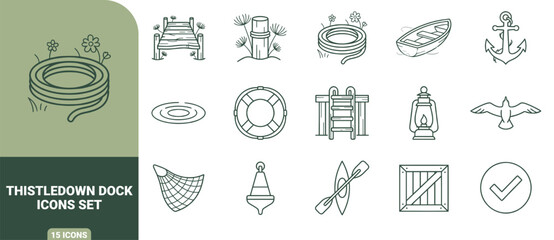 Thistledown dock icons set featuring line of wooden piers, boats, anchors, and nautical in green and white © Gra-fix PNG
