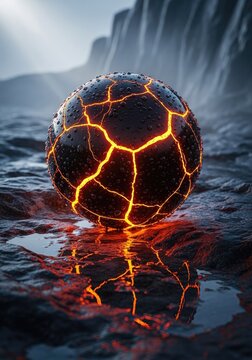 Lava orb reflecting in rain on volcanic terrain.