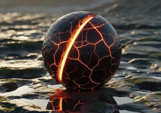 Cracked volcanic sphere with a vertical glowing seam.