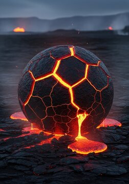 Cracked lava sphere leaking molten magma on dark ground.