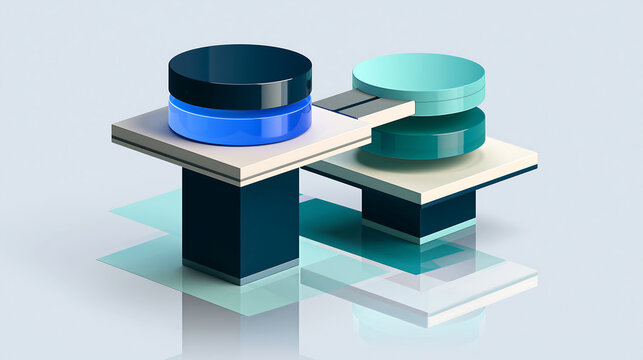 Isometric geometric structure with cylindrical platforms and rectangular bases in blue and teal