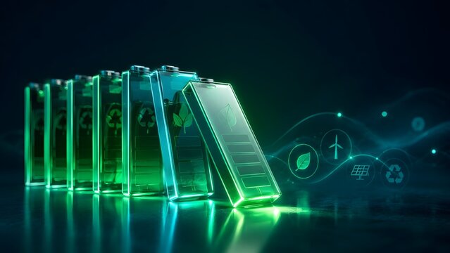 Green Energy Transition Concept with Glowing Glass Dominoes and Renewable Eco Icons