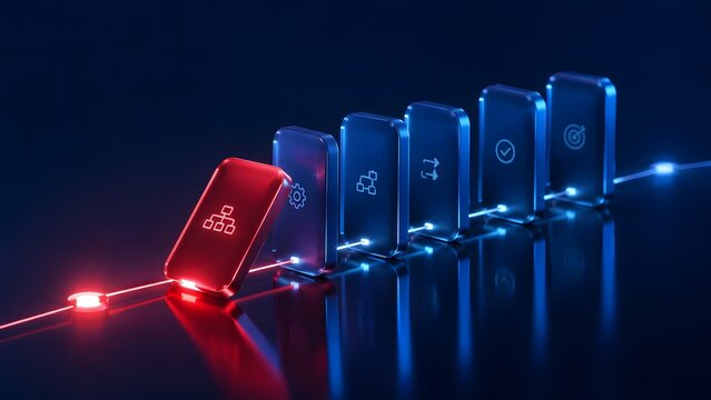 Network Disruption and System Failure Concept with Falling Red Glowing Glass Domino