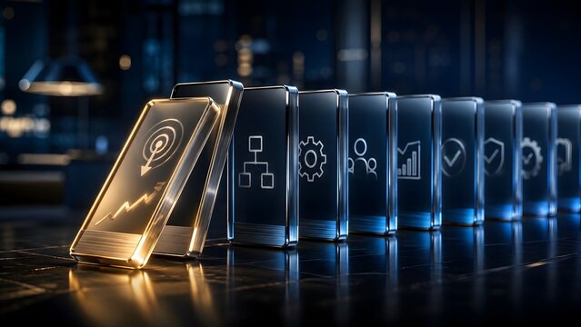 Business Strategy Failure Concept with Falling Gold Glass Domino and Downward Trend Target