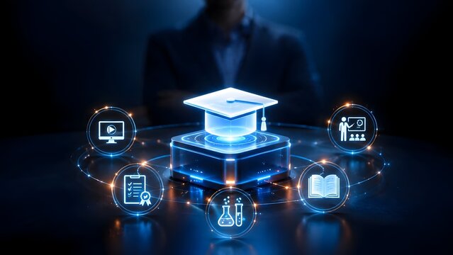 Futuristic Holographic Graduation Cap with Digital Education Icons for Online Learning and EdTech Concept