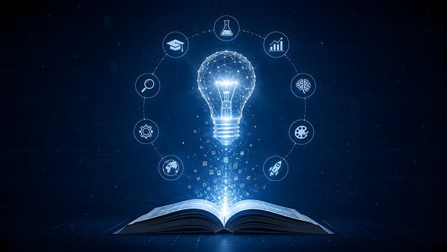 Glowing Digital Lightbulb Emerging from Open Book with Circular Network of STEM and Learning Icons