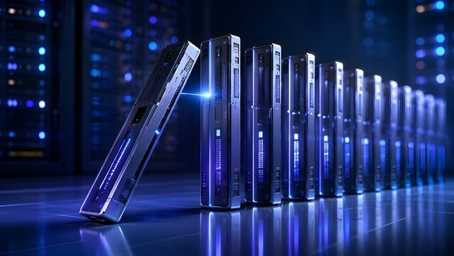Server Rack Falling Like Domino in Data Center Showing Network System Failure and IT Crisis Concept