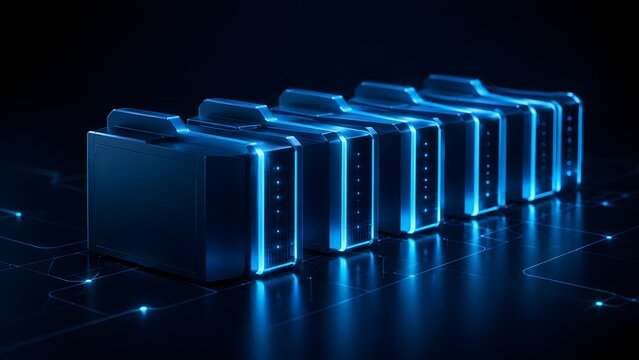 Futuristic Glowing Digital Data Folders on Circuit Board for Cloud Storage and Server Management Concept