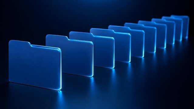 Row of Glowing Digital Folders on Dark Background Concept of Cloud Storage and Data Organization