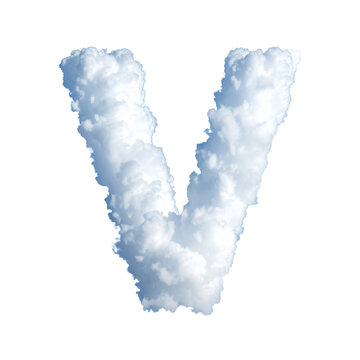 Letter V shaped fluffy white cloud font element for creative typography design projects isolated on a plain transparent background